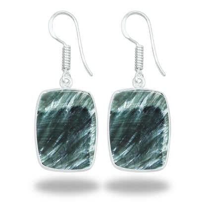Seraphinite Earrings – Minimalist Bezel Design, Silver-Plated, Handmade (Made to Order)