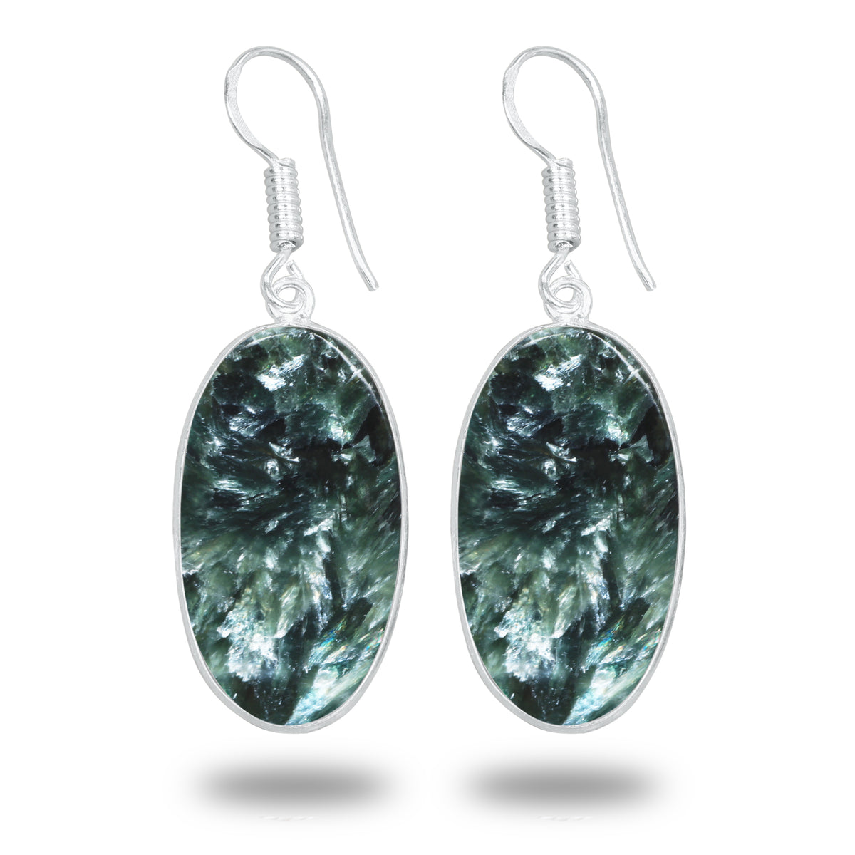 Seraphinite Earrings – Minimalist Bezel Design, Silver-Plated, Handmade (Made to Order)