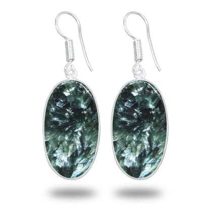 Seraphinite Earrings – Minimalist Bezel Design, Silver-Plated, Handmade (Made to Order)