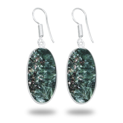 Seraphinite Earrings – Minimalist Bezel Design, Silver-Plated, Handmade (Made to Order)