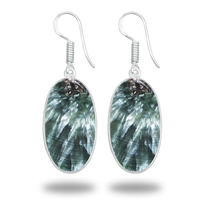 Seraphinite Earrings – Minimalist Bezel Design, Silver-Plated, Handmade (Made to Order)