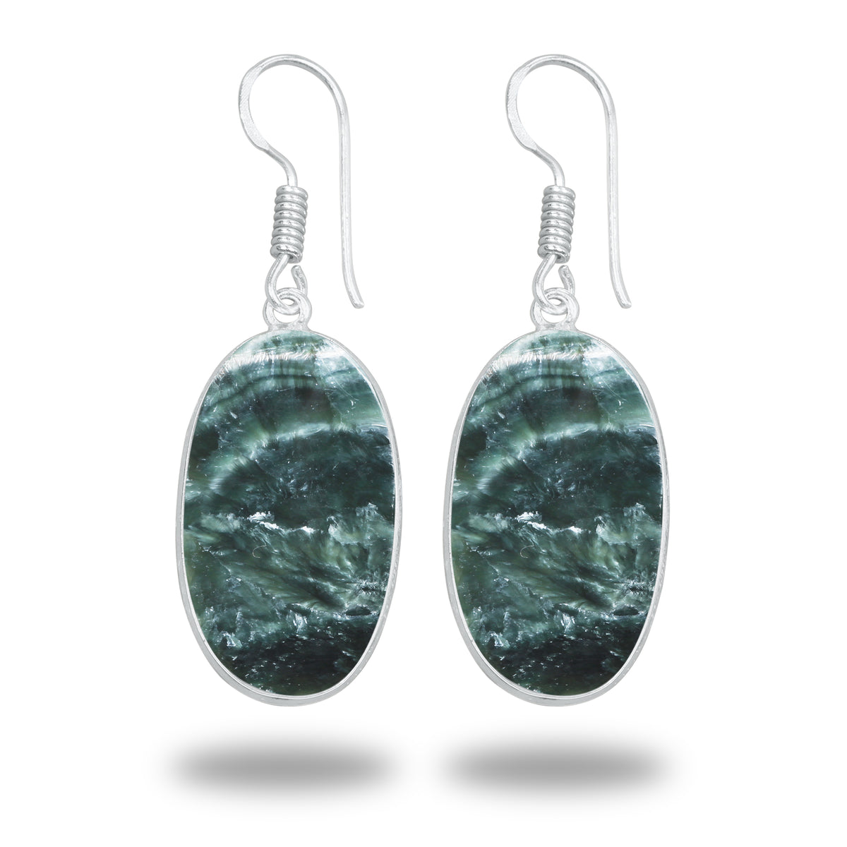 Seraphinite Earrings – Minimalist Bezel Design, Silver-Plated, Handmade (Made to Order)