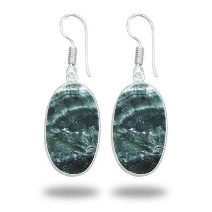 Seraphinite Earrings – Minimalist Bezel Design, Silver-Plated, Handmade (Made to Order)