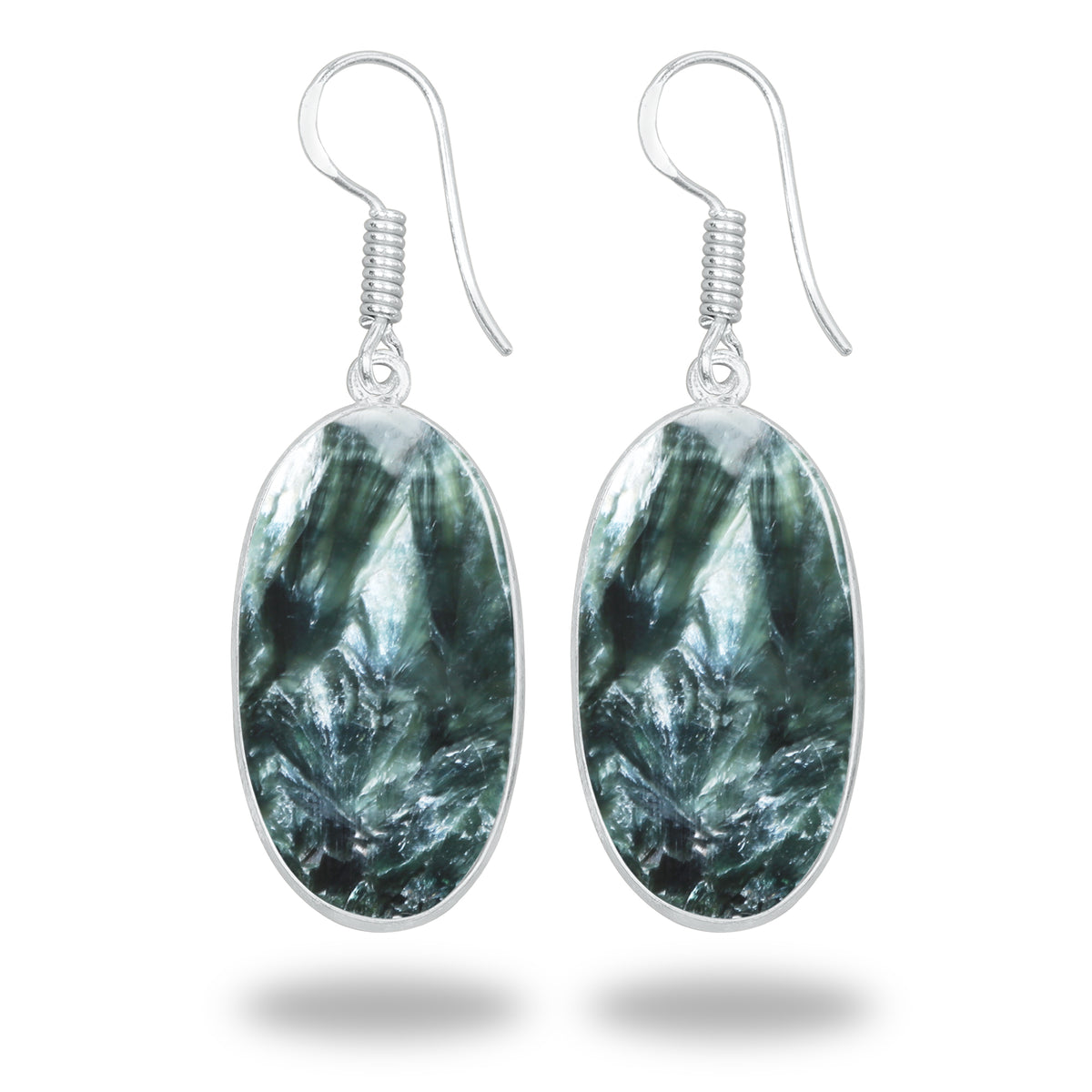 Seraphinite Earrings – Minimalist Bezel Design, Silver-Plated, Handmade (Made to Order)