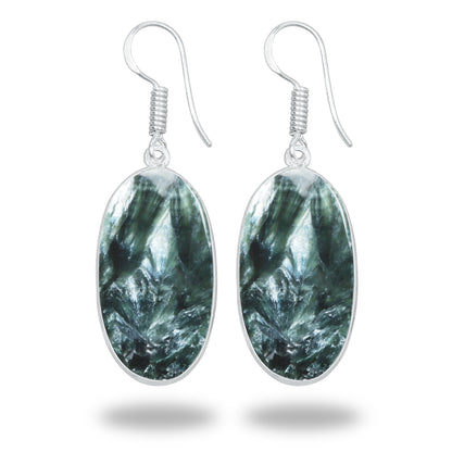 Seraphinite Earrings – Minimalist Bezel Design, Silver-Plated, Handmade (Made to Order)