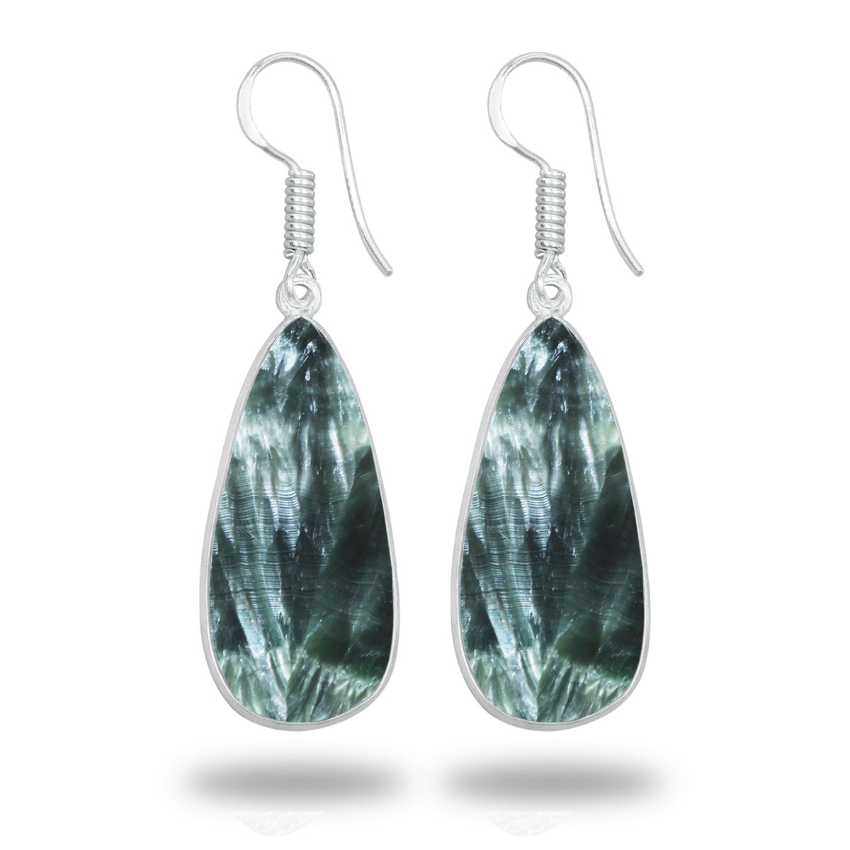 Seraphinite Earrings – Minimalist Bezel Design, Silver-Plated, Handmade (Made to Order)