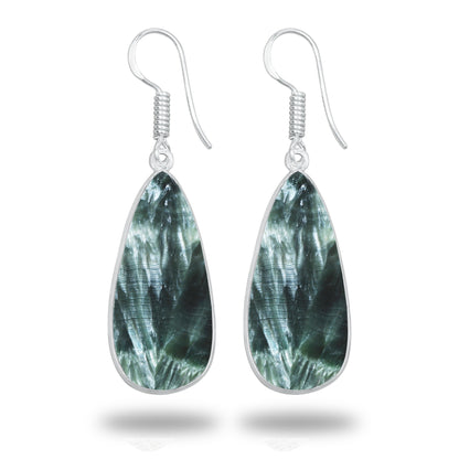 Seraphinite Earrings – Minimalist Bezel Design, Silver-Plated, Handmade (Made to Order)