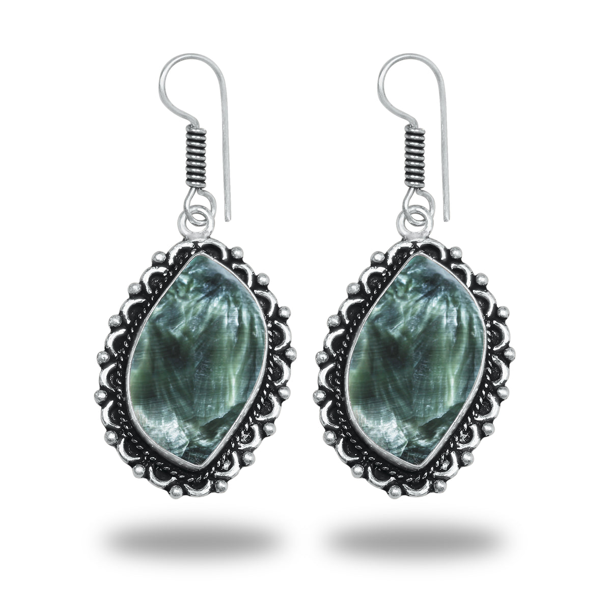 Seraphinite Earrings – Artisan Design, Silver-Plated, Handmade (Made to Order)