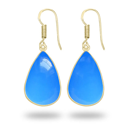 Blue Chalcedony Earrings – 18K Gold-Plated Bezel, Handmade Minimal Design | Made to Order