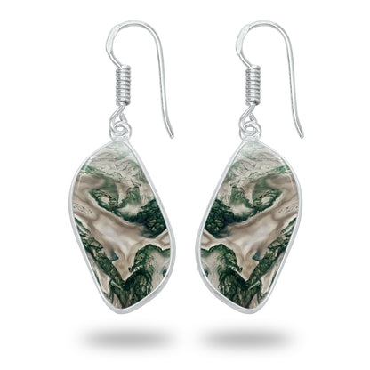 Moss Agate Earrings – Silver-Plated Bezel, Handmade Design | Made to Order