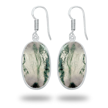 Moss Agate Earrings – Silver-Plated Bezel, Handmade Design | Made to Order