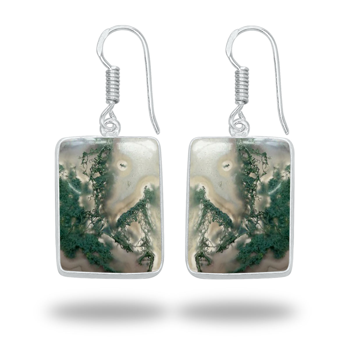 Moss Agate Earrings – Silver-Plated Bezel, Handmade Design | Made to Order