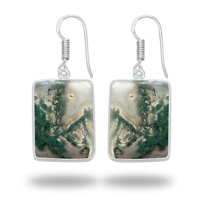 Moss Agate Earrings – Silver-Plated Bezel, Handmade Design | Made to Order