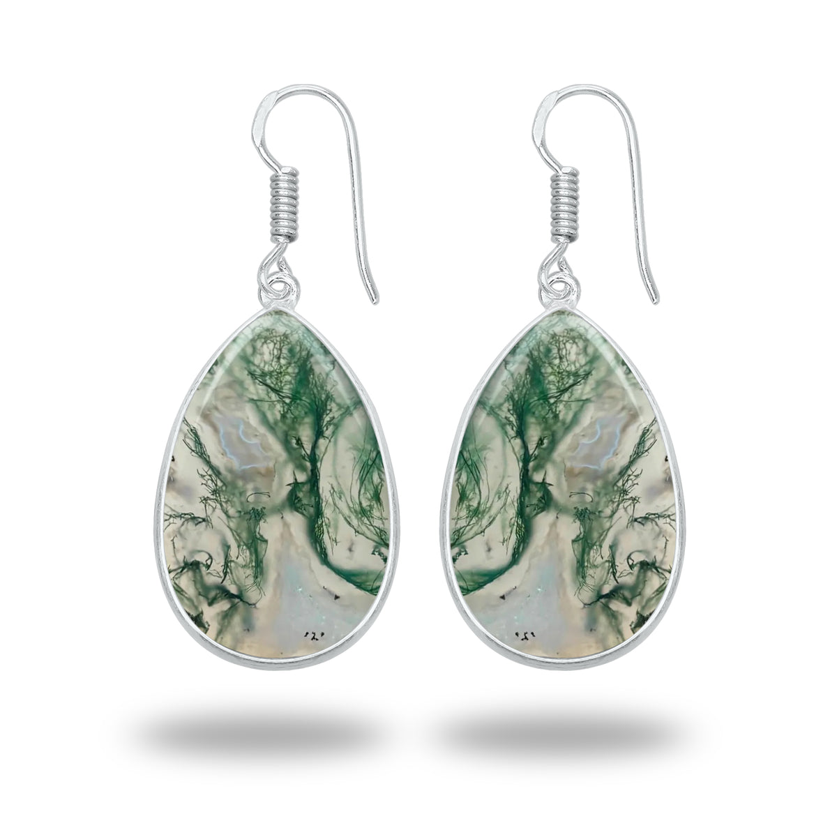 Moss Agate Earrings – Silver-Plated Bezel, Handmade Design | Made to Order