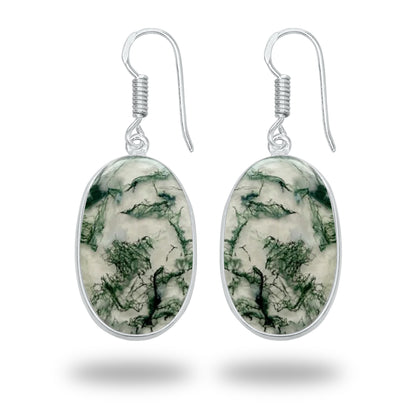 Moss Agate Earrings – Silver-Plated Bezel, Handmade Design | Made to Order