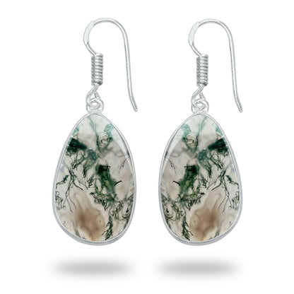 Moss Agate Earrings – Silver-Plated Bezel, Handmade Design | Made to Order