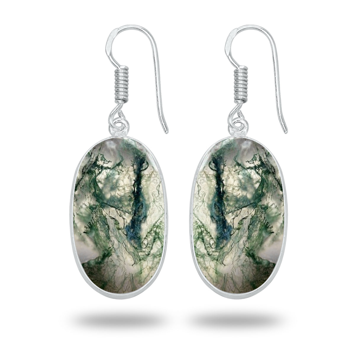 Moss Agate Earrings – Silver-Plated Bezel, Handmade Design | Made to Order