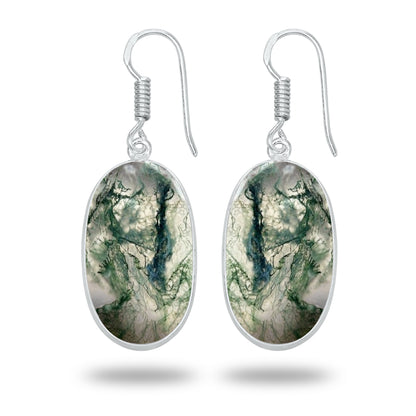 Moss Agate Earrings – Silver-Plated Bezel, Handmade Design | Made to Order