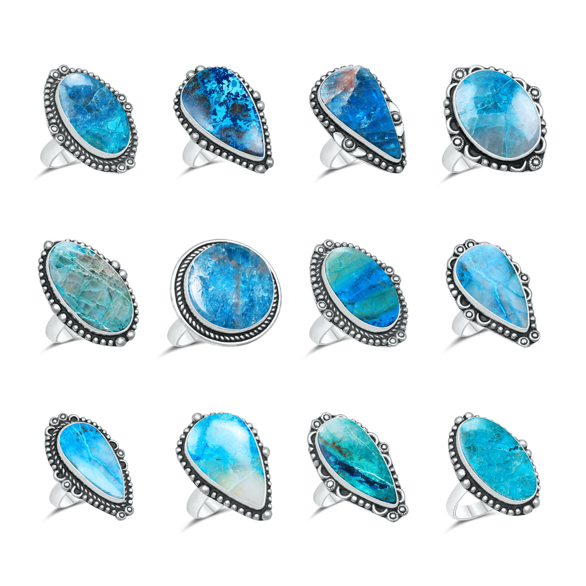Azurite Chrysocolla Rings – Silver-Plated, Handmade, Ocean Blue (US Sizes 6–10, Non-Adjustable) | Wholesale