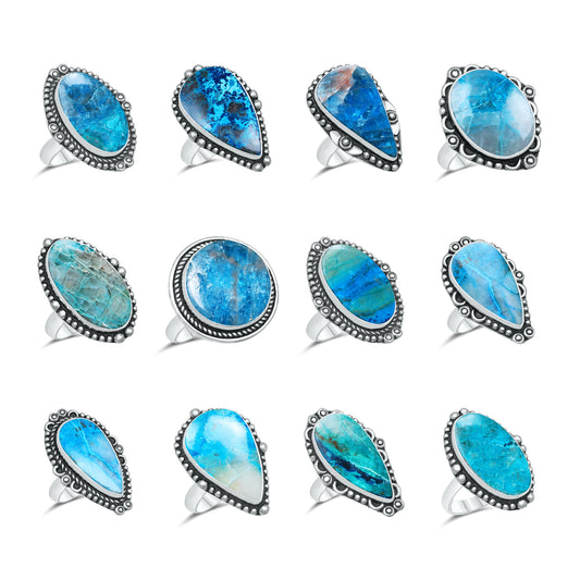 Azurite Chrysocolla Rings – Silver-Plated, Handmade, Ocean Blue (US Sizes 6–10, Non-Adjustable) | Wholesale