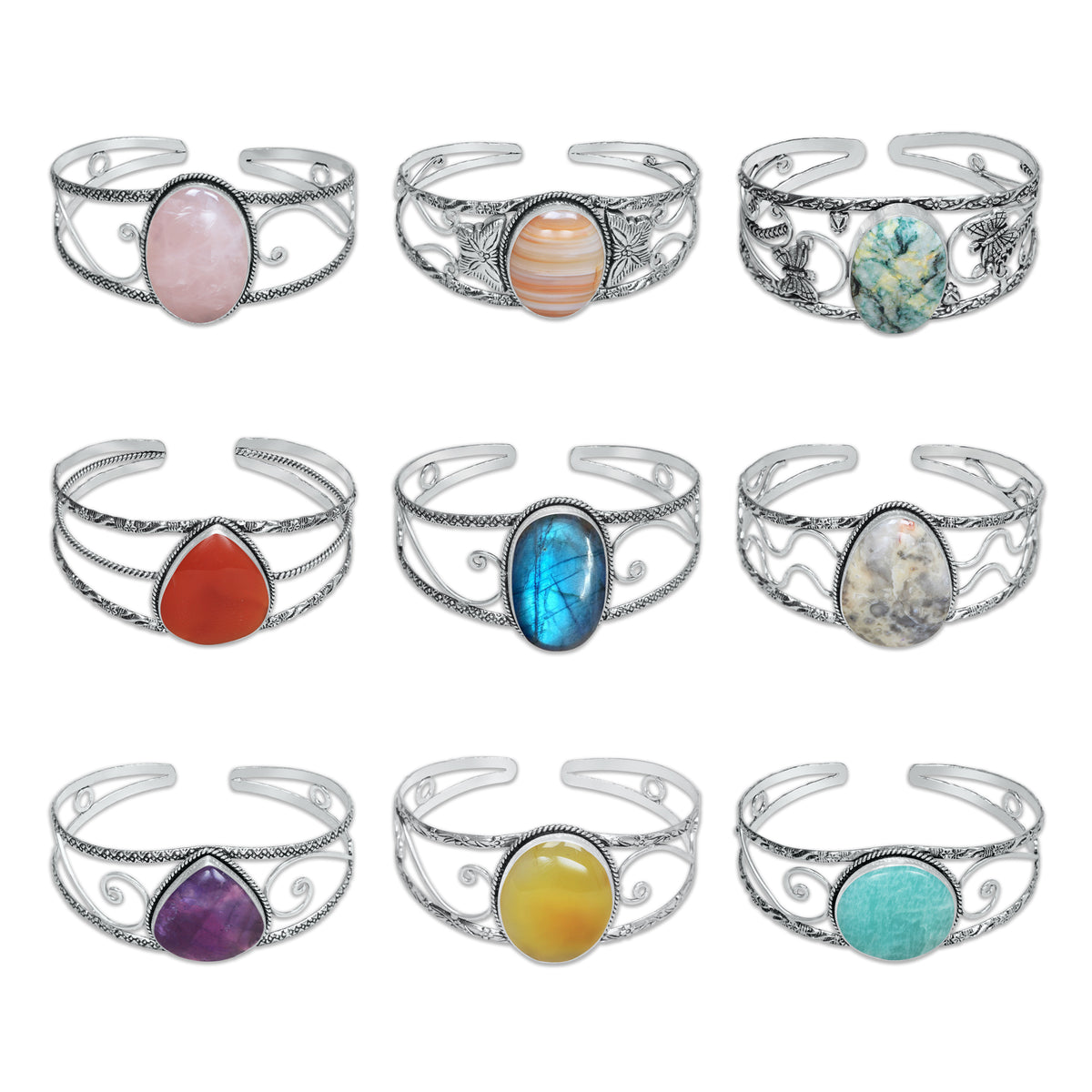 Chunky Gemstone Cuff Bangles – Silver-Plated, Handmade, Bold Boho Style | Wholesale