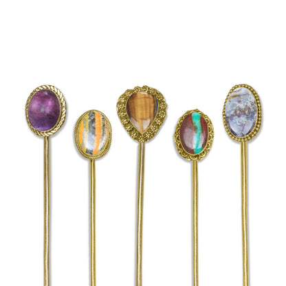 Gemstone Hair Bun Pin with Circle Holder – Brass Stick, Natural Stones, Handmade