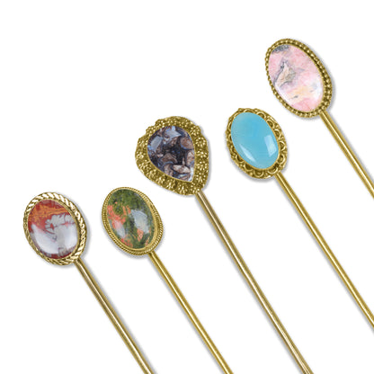 Gemstone Hair Bun Pin with Circle Holder – Brass Stick, Natural Stones, Handmade