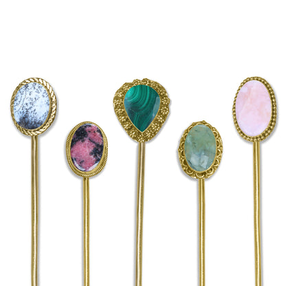 Gemstone Hair Bun Pin with Circle Holder – Brass Stick, Natural Stones, Handmade