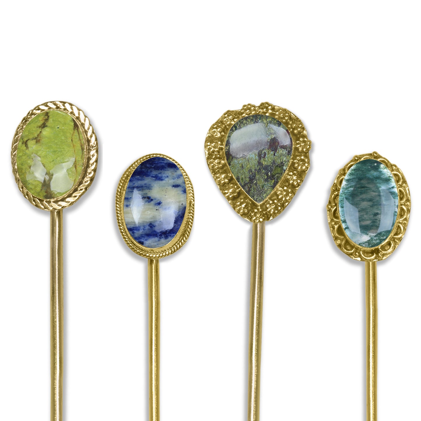 Gemstone Hair Bun Pin with Circle Holder – Brass Stick, Natural Stones, Handmade