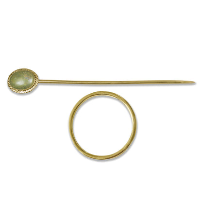 Gemstone Hair Bun Pin with Circle Holder – Brass Stick, Natural Stones, Handmade