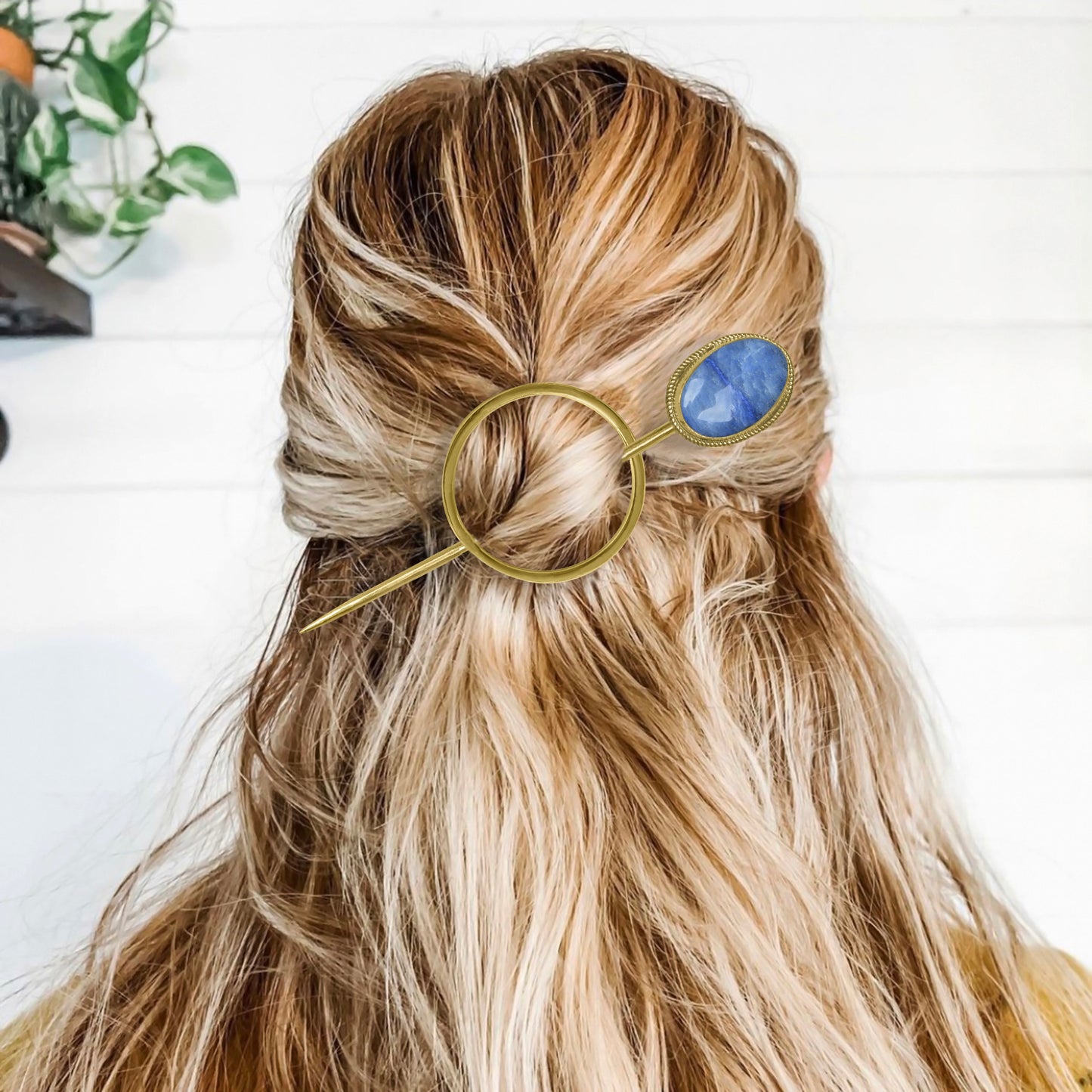 Gemstone Hair Bun Pin with Circle Holder – Brass Stick, Natural Stones, Handmade