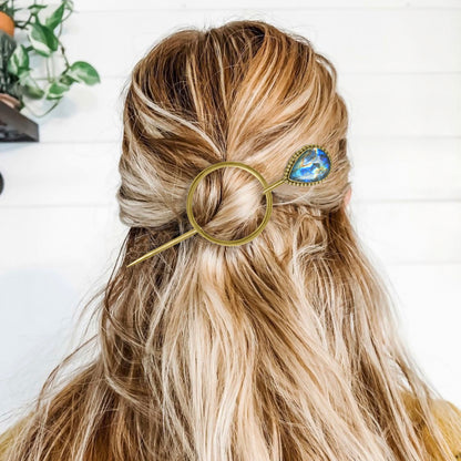 Gemstone Hair Bun Pin with Circle Holder – Brass Stick, Natural Stones, Handmade