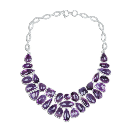 Amethyst Cascade Statement Necklace | Natural Amethyst Cluster Bib Necklace | Silver Plated