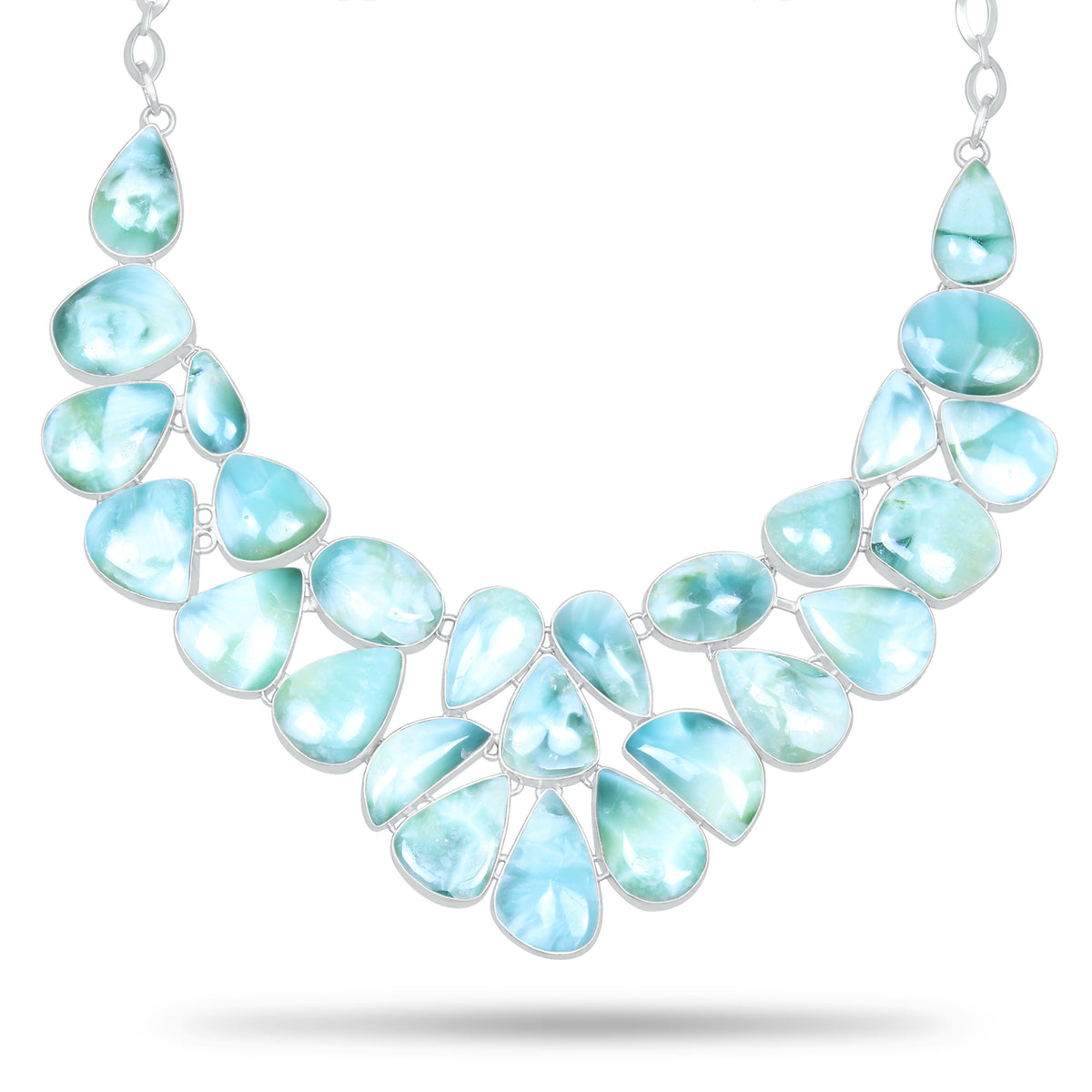 Larimar Ocean Wave Statement Necklace | Natural Larimar Cluster Bib Necklace | Silver Plated