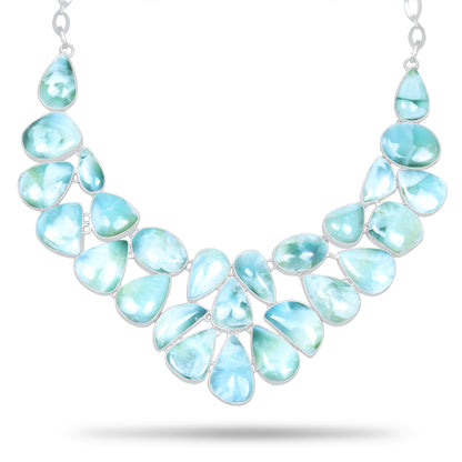 Larimar Ocean Wave Statement Necklace | Natural Larimar Cluster Bib Necklace | Silver Plated