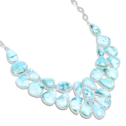 Larimar Ocean Wave Statement Necklace | Natural Larimar Cluster Bib Necklace | Silver Plated