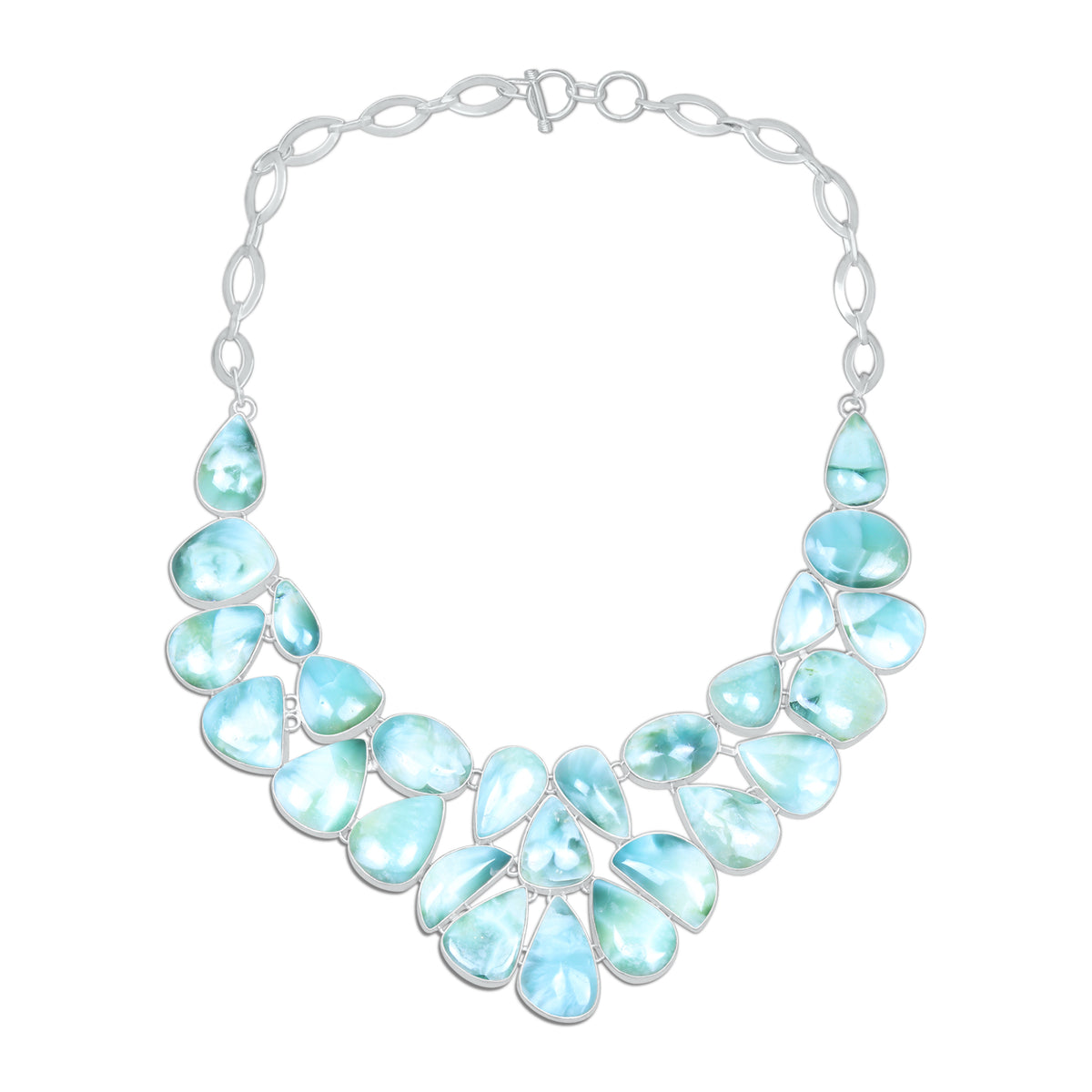 Larimar Ocean Wave Statement Necklace | Natural Larimar Cluster Bib Necklace | Silver Plated