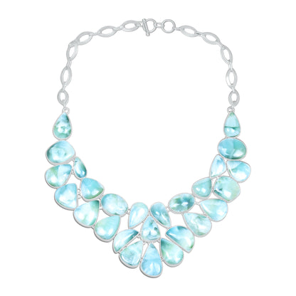 Larimar Ocean Wave Statement Necklace | Natural Larimar Cluster Bib Necklace | Silver Plated
