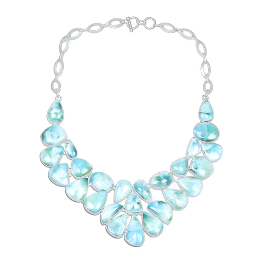 Larimar Ocean Wave Statement Necklace | Natural Larimar Cluster Bib Necklace | Silver Plated
