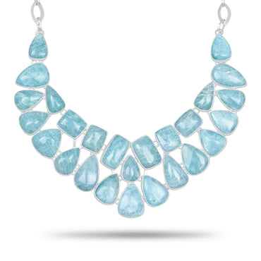 Aquamarine Waterfall Statement Necklace | Natural Aquamarine Cluster Bib Necklace | Silver Plated