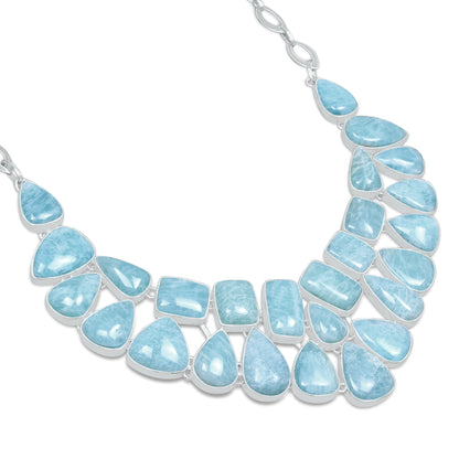 Aquamarine Waterfall Statement Necklace | Natural Aquamarine Cluster Bib Necklace | Silver Plated