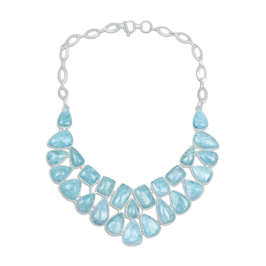 Aquamarine Waterfall Statement Necklace | Natural Aquamarine Cluster Bib Necklace | Silver Plated