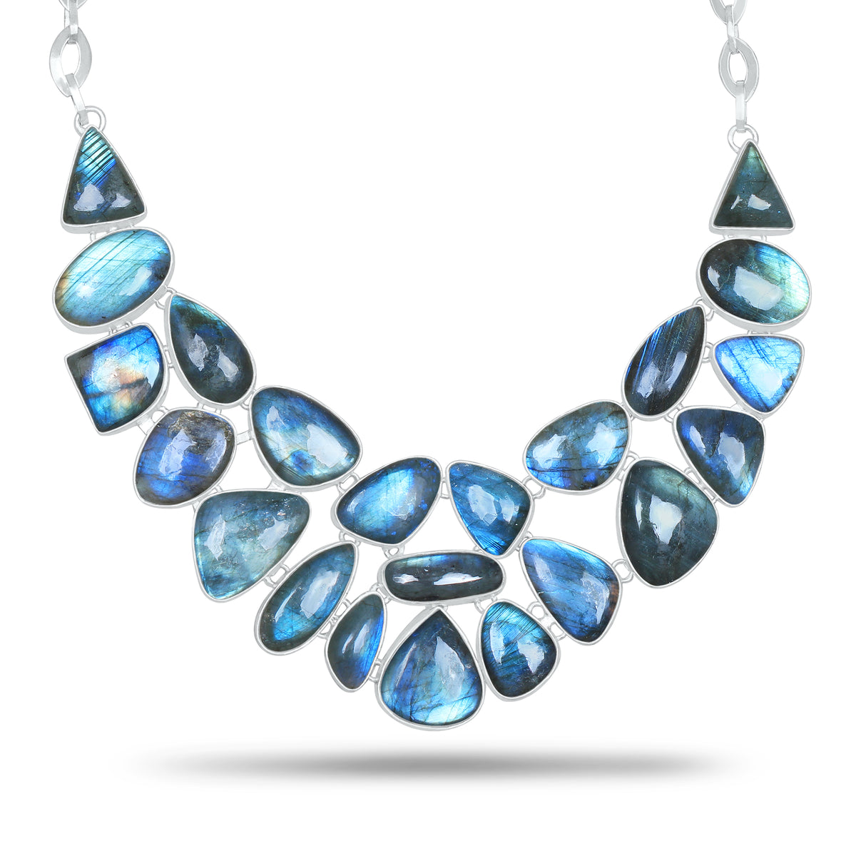 Labradorite Blue Flash Statement Necklace | Natural Labradorite Cluster Bib Necklace | Silver Plated