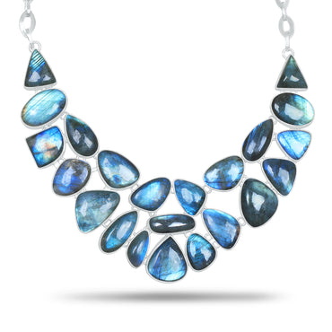 Labradorite Blue Flash Statement Necklace | Natural Labradorite Cluster Bib Necklace | Silver Plated