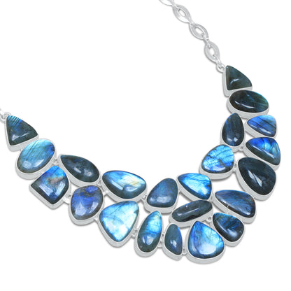 Labradorite Blue Flash Statement Necklace | Natural Labradorite Cluster Bib Necklace | Silver Plated