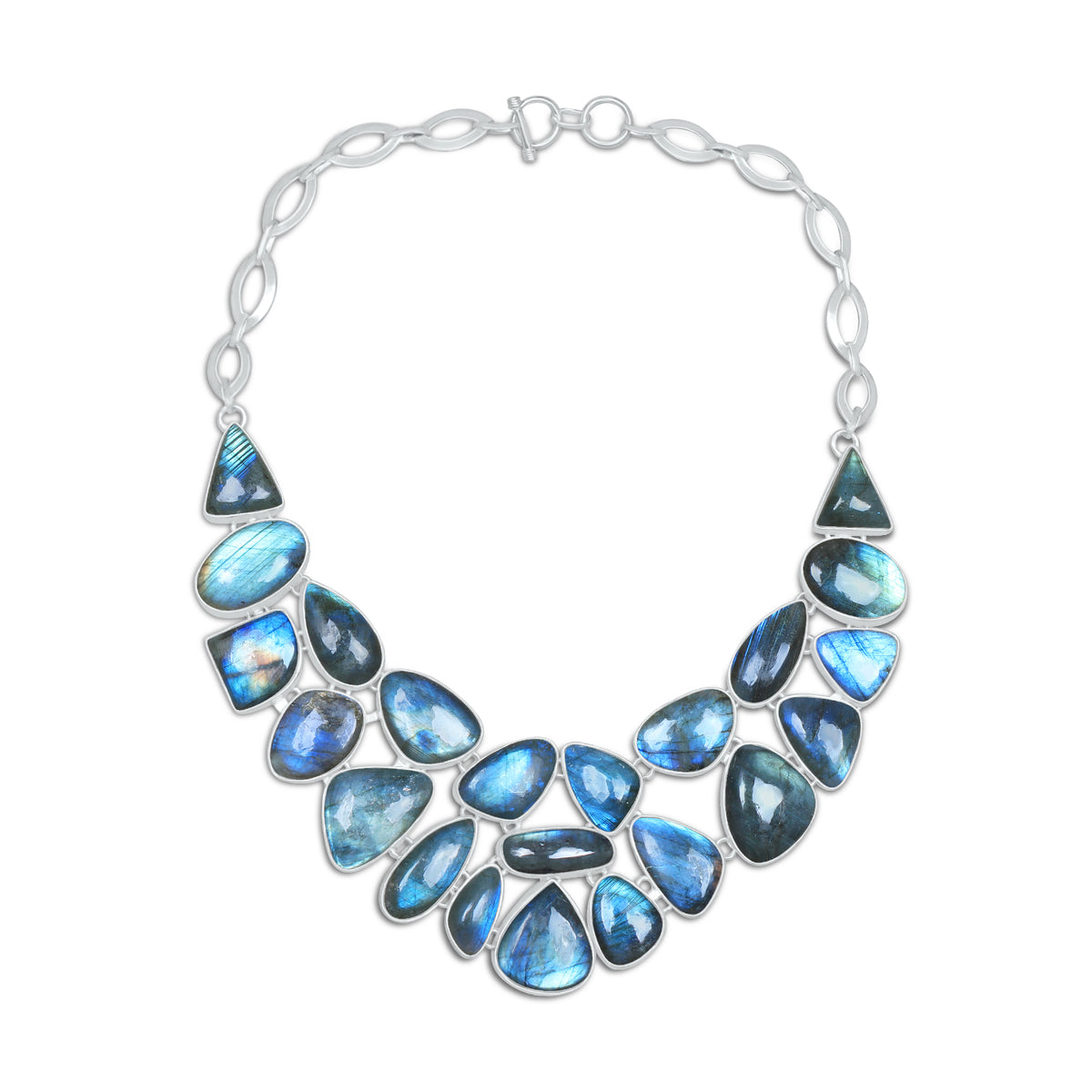 Labradorite Blue Flash Statement Necklace | Natural Labradorite Cluster Bib Necklace | Silver Plated