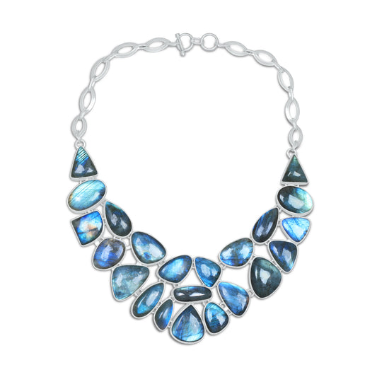 Labradorite Blue Flash Statement Necklace | Natural Labradorite Cluster Bib Necklace | Silver Plated