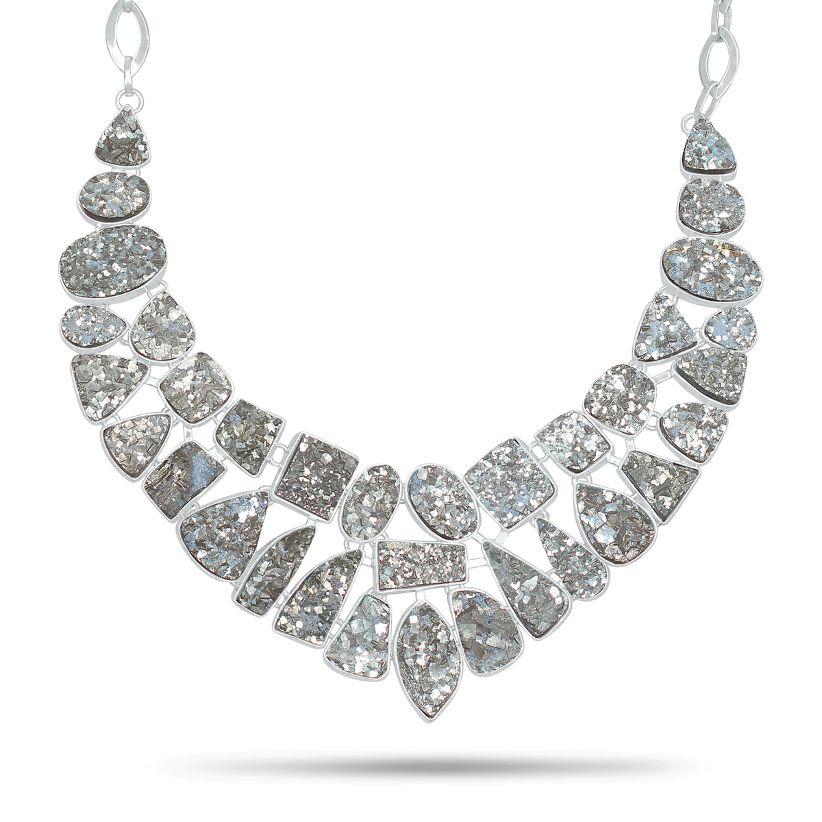 Pyrite Druzy Sparkle Statement Necklace | Natural Pyrite Druzy Cluster Bib Necklace | Silver Plated