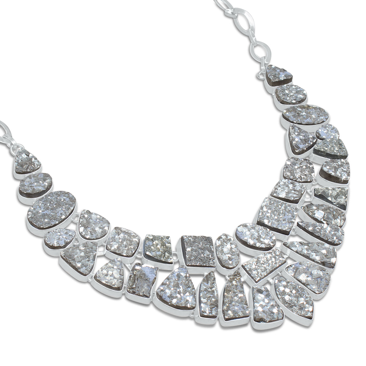 Pyrite Druzy Sparkle Statement Necklace | Natural Pyrite Druzy Cluster Bib Necklace | Silver Plated