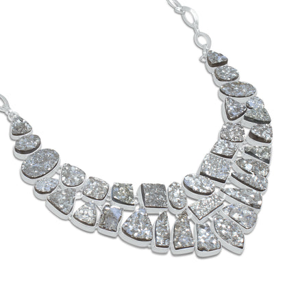 Pyrite Druzy Sparkle Statement Necklace | Natural Pyrite Druzy Cluster Bib Necklace | Silver Plated